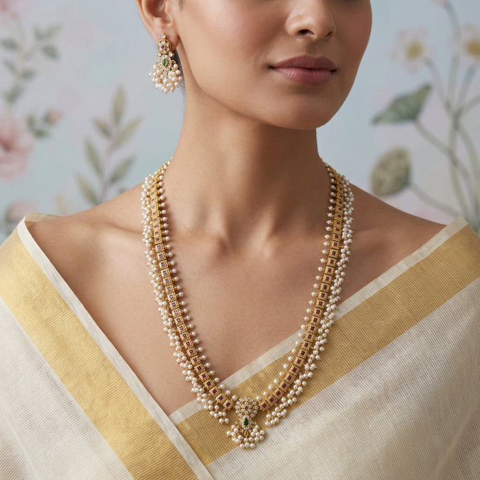 Antique pearl long necklace with earrings LL02344