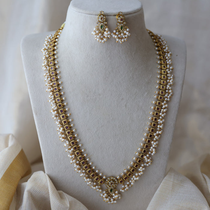 Antique pearl long necklace with earrings LL02344