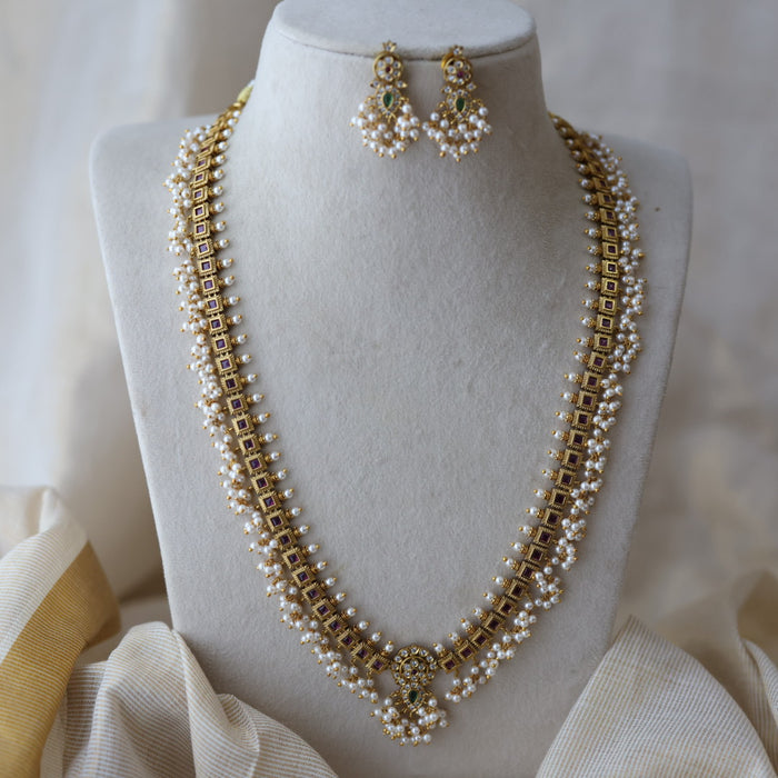 Antique pearl long necklace with earrings LL02344