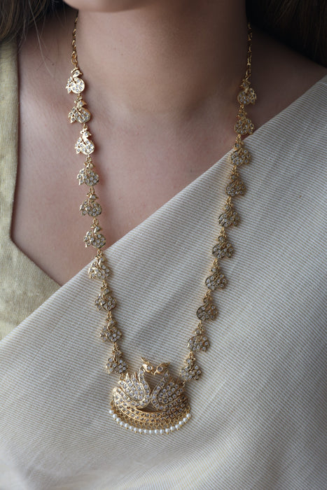 Heritage gold plated white stone padakam long necklace HP6280
