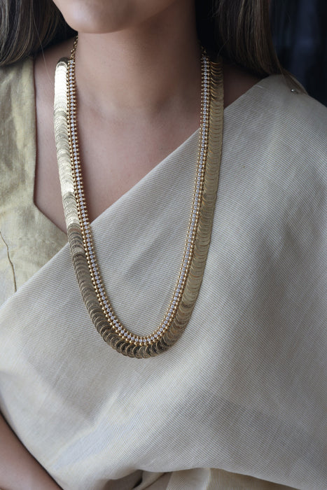 Heritage gold plated white stone coin design long necklace HL1673