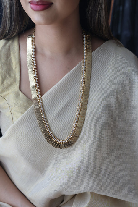 Heritage gold plated white stone coin design long necklace HL1673