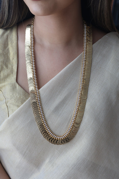 Heritage gold plated white stone coin design long necklace HL1673