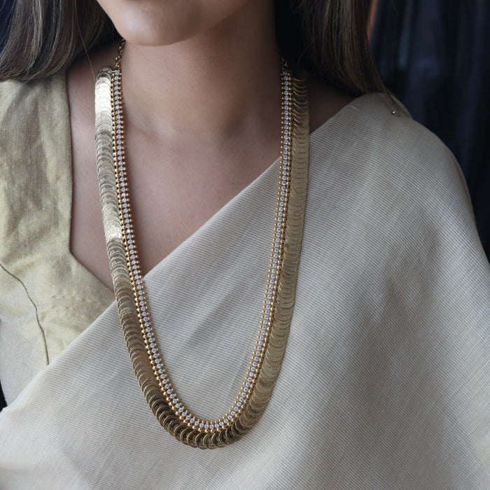 Heritage gold plated white stone coin design long necklace HL1673
