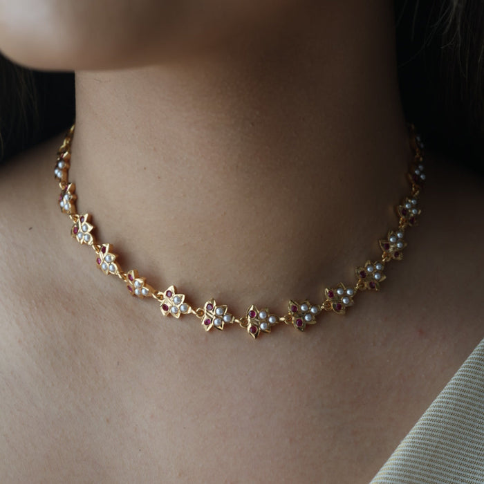 Heritage ruby stone white pearl short choker necklace HS324