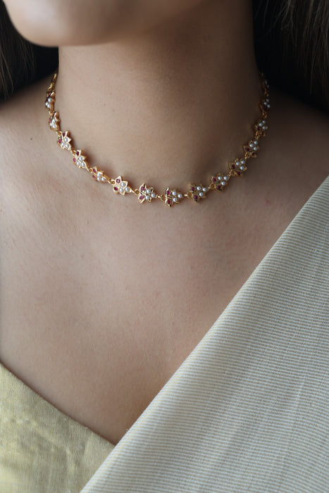 Heritage ruby stone white pearl short choker necklace HS324