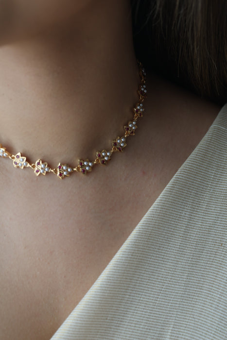 Heritage ruby stone white pearl short choker necklace HS324