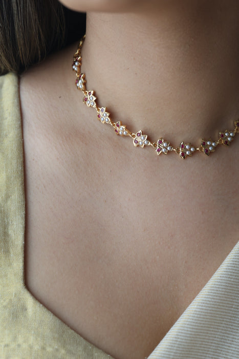 Heritage ruby stone white pearl short choker necklace HS324