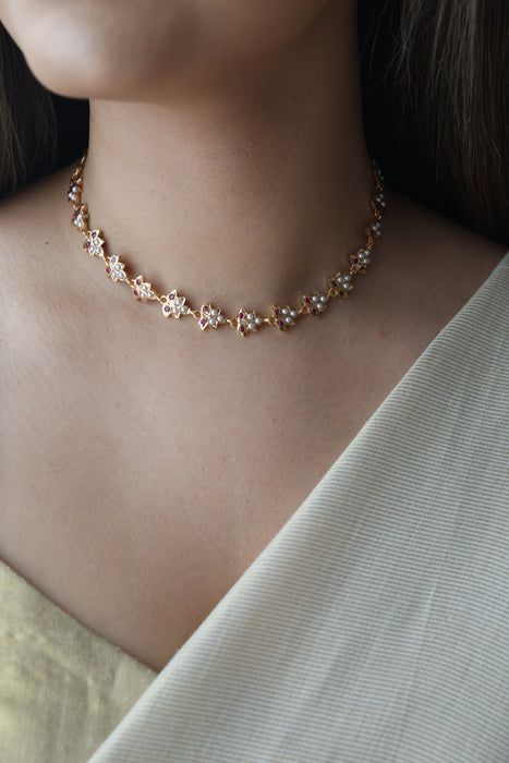 Heritage ruby stone white pearl short choker necklace HS324