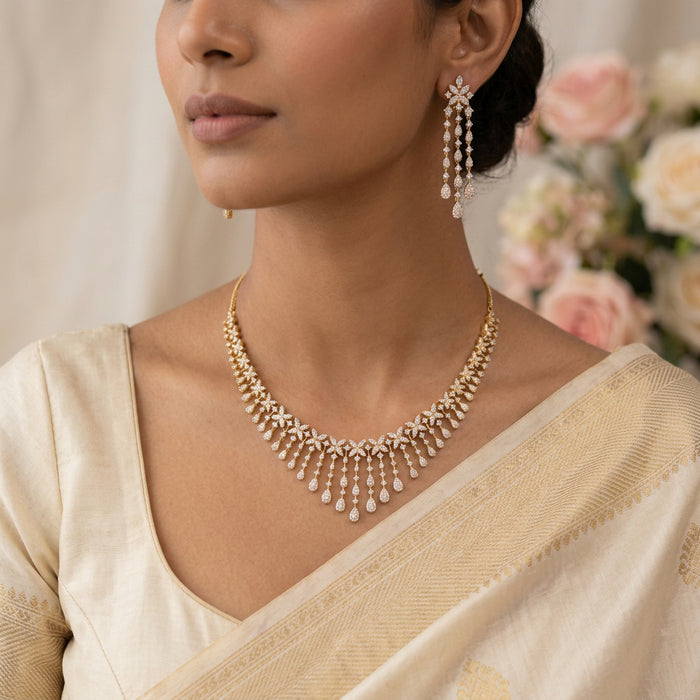 Heritage gold plated white stone short necklace with earrimgs H1334
