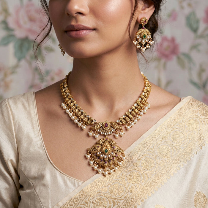 Antique pearl short necklace with earrings S1B119023