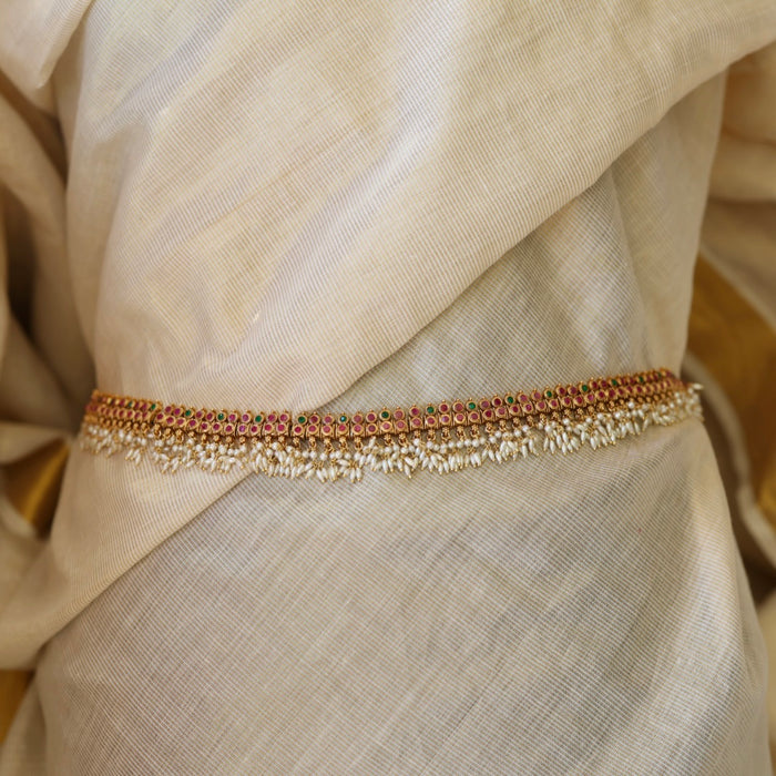 Antiqueruby stone and pearl design waistchain AW4111