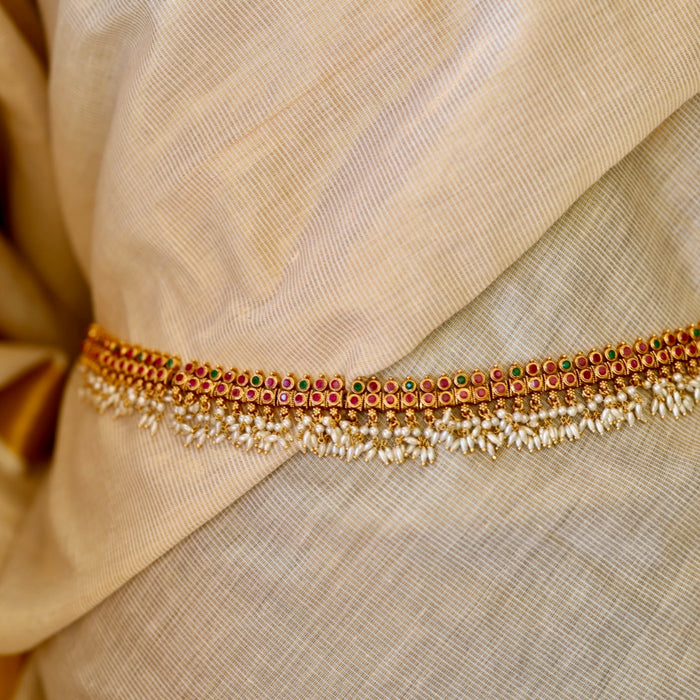 Antiqueruby stone and pearl design waistchain AW4111