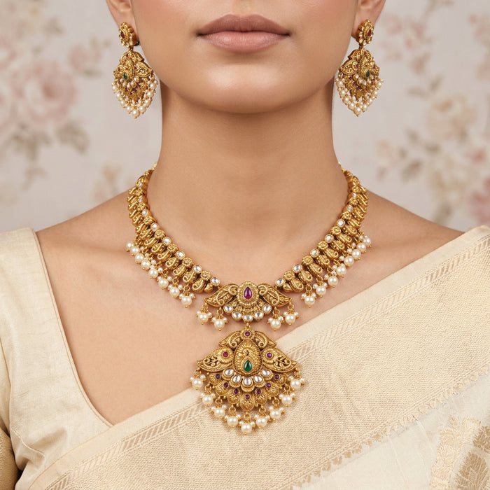 Antique pearl short necklace with earrings S1B119023