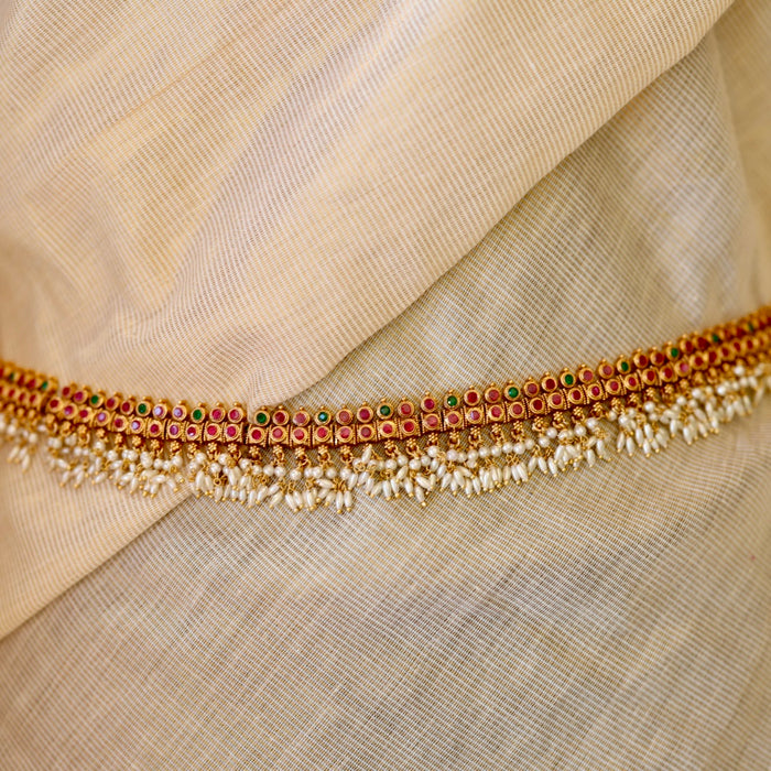 Antiqueruby stone and pearl design waistchain AW4111