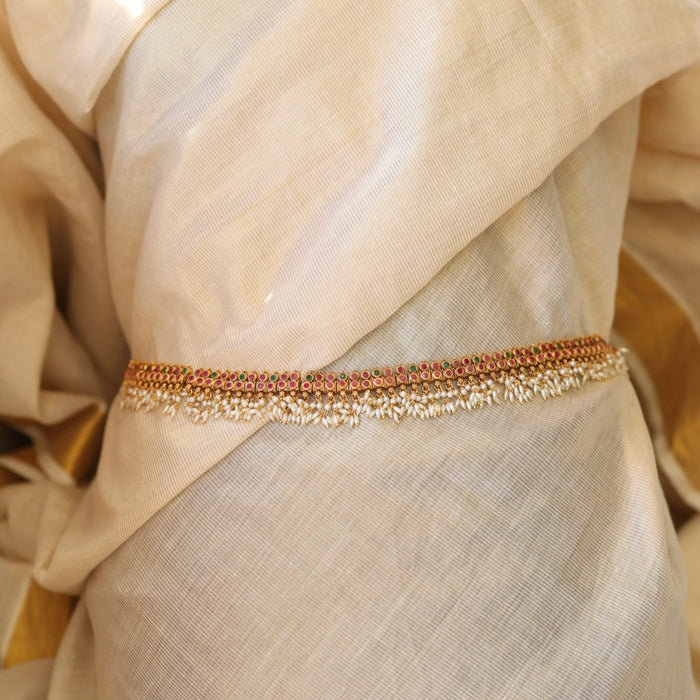 Antiqueruby stone and pearl design waistchain AW4111