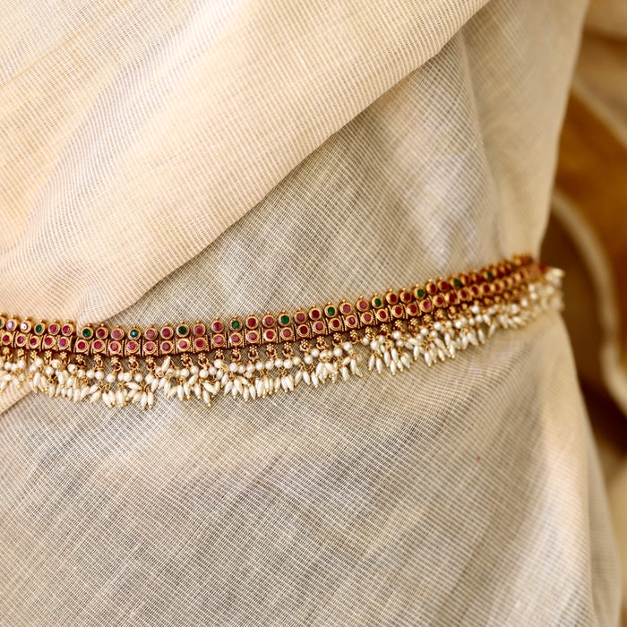 Antiqueruby stone and pearl design waistchain AW4111