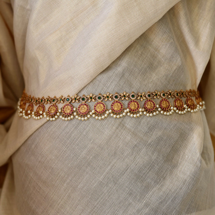 Antiqueruby stone and pearl design waistchain AW41566