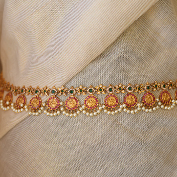Antiqueruby stone and pearl design waistchain AW41566