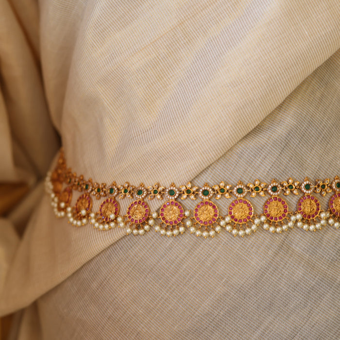 Antiqueruby stone and pearl design waistchain AW41566