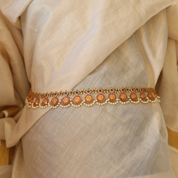 Antiqueruby stone and pearl design waistchain AW41566