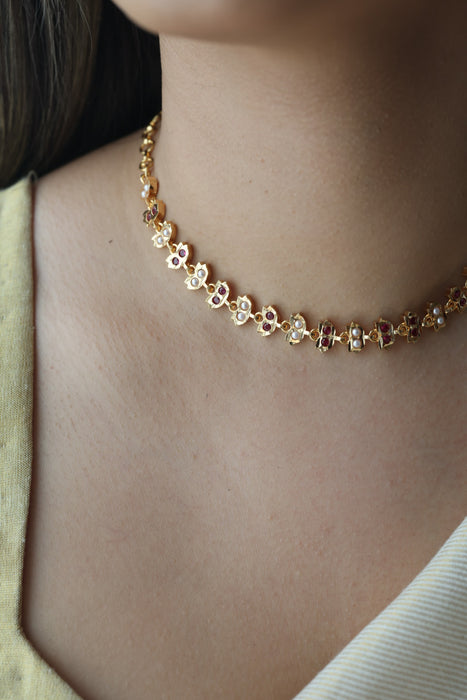 Heritage ruby stone white pearl short choker necklace H33927