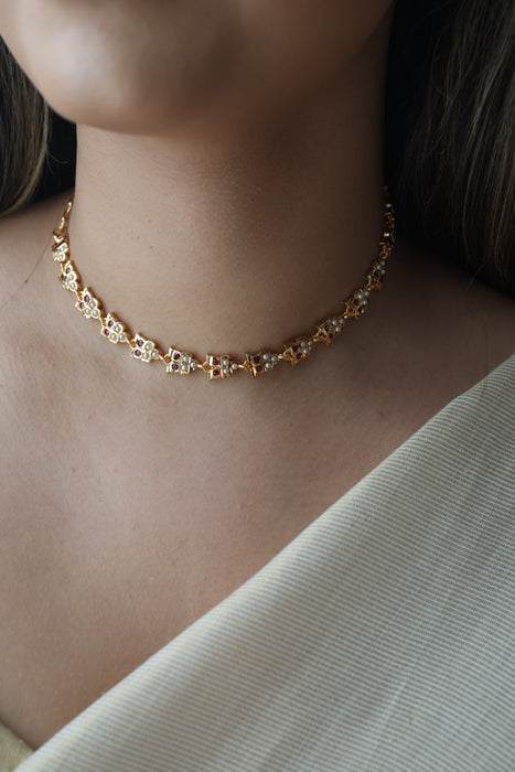 Heritage ruby stone white pearl short choker necklace H322