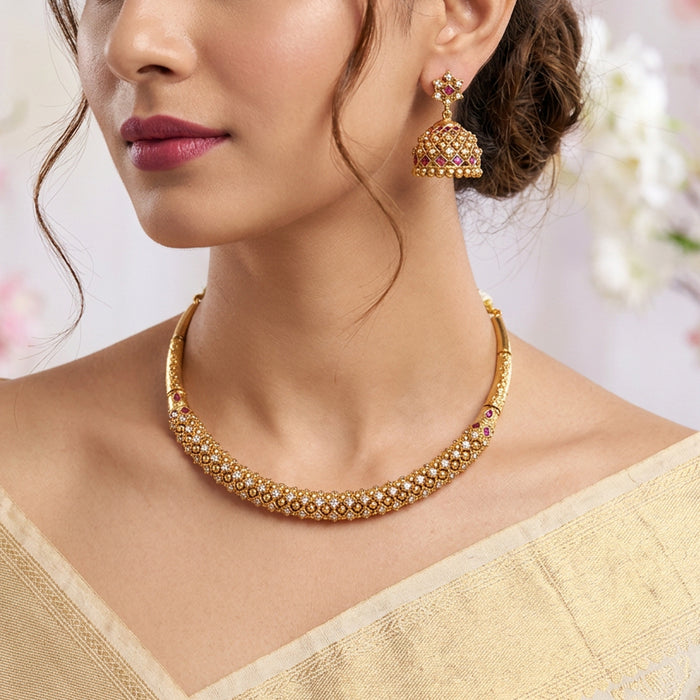 Antique gold short necklace with earrings S1B110033