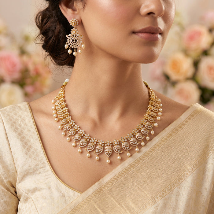 Heritage gold plated white stone short necklace with earrimgs H88001