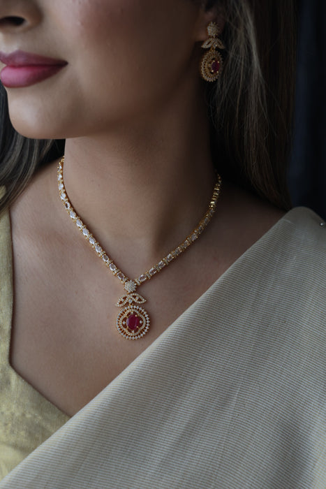 Heritage ruby white stone short necklace with earrings H743