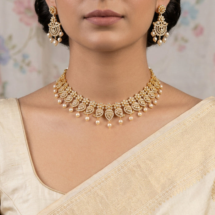 Heritage gold plated white stone short necklace with earrimgs H88001