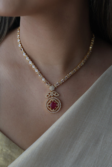 Heritage ruby white stone short necklace with earrings H743
