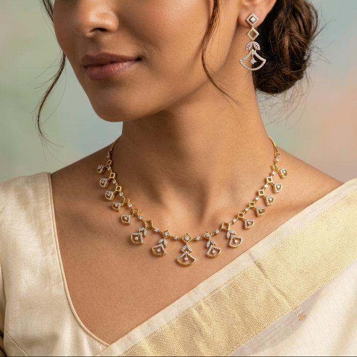 Heritage gold plated white stone short necklace with earrimgs H13222