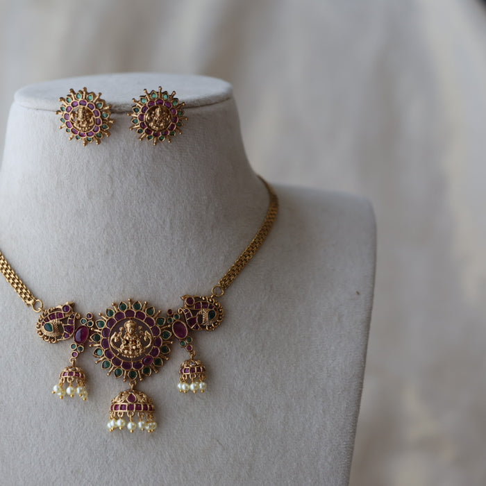 Antique ruby stone choker necklace with earrings CCB19233