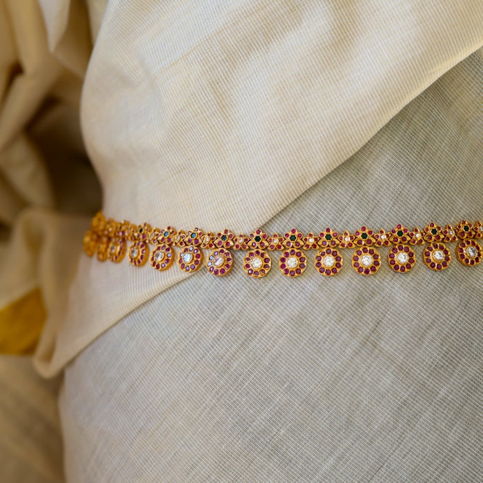 Antique gold ruby white stone coin design waistchain AW5673