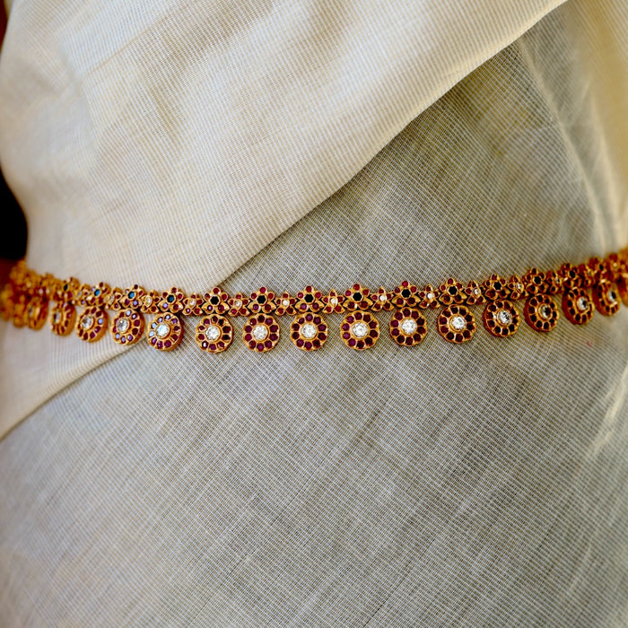 Antique gold ruby white stone coin design waistchain AW5673