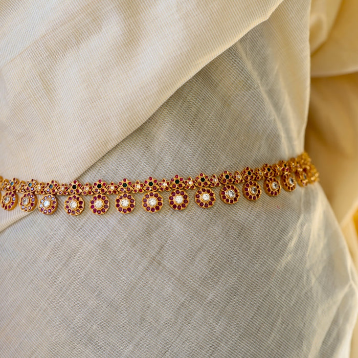 Antique gold ruby white stone coin design waistchain AW5673