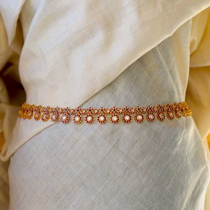 Antique gold ruby white stone coin design waistchain AW5673