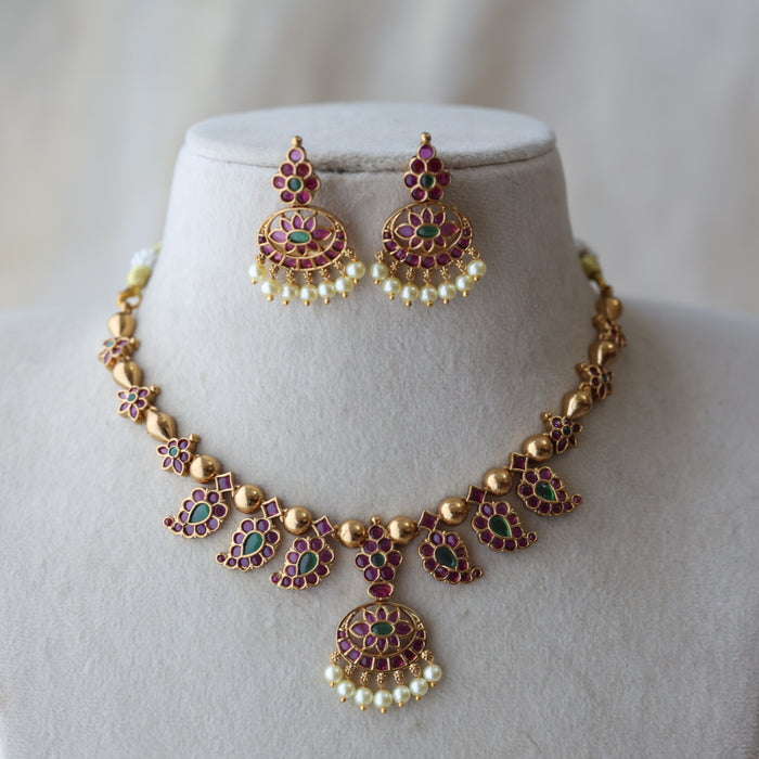 Antique ruby stone short necklace with earrings RUB263