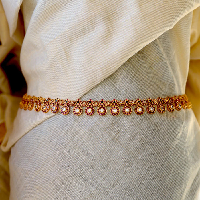 Antique gold ruby white stone coin design waistchain AW5673
