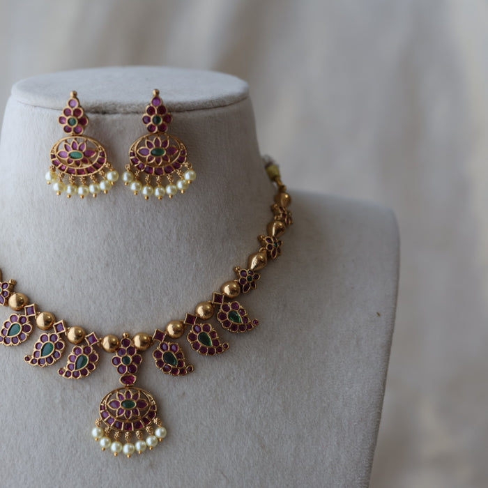 Antique ruby stone short necklace with earrings RUB263