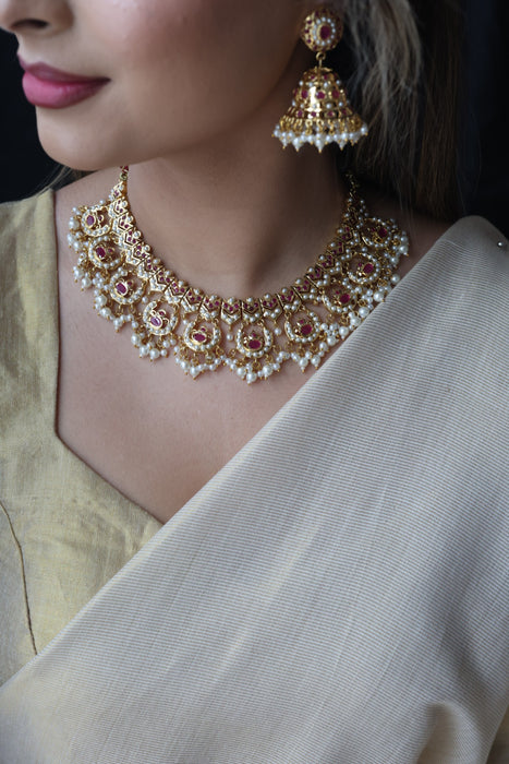 Heritage gold plated ruby pearl short necklace with earrings H1721