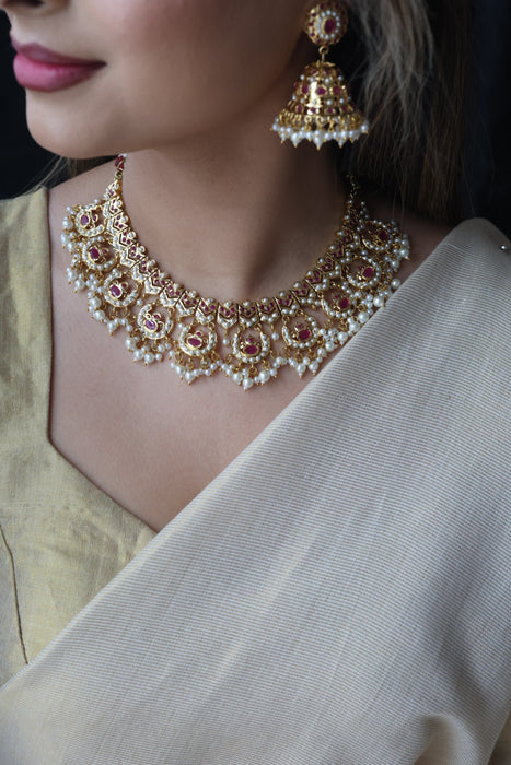 Heritage gold plated ruby pearl short necklace with earrings H1721