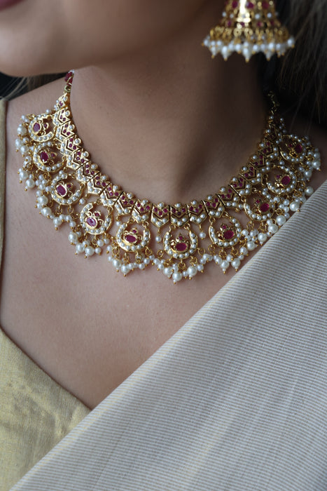 Heritage gold plated ruby pearl short necklace with earrings H1721