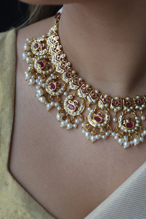 Heritage gold plated ruby pearl short necklace with earrings H1721