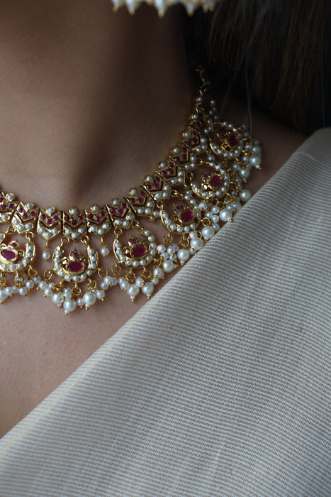 Heritage gold plated ruby pearl short necklace with earrings H1721