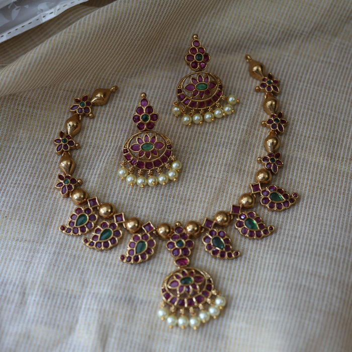 Antique ruby stone short necklace with earrings RUB263