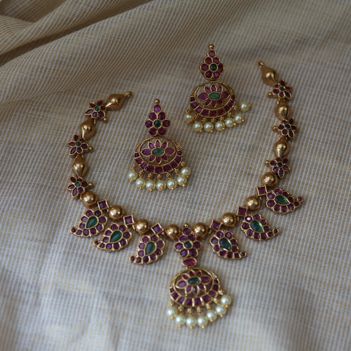 Antique ruby stone short necklace with earrings RUB263