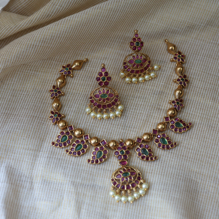 Antique ruby stone short necklace with earrings RUB263