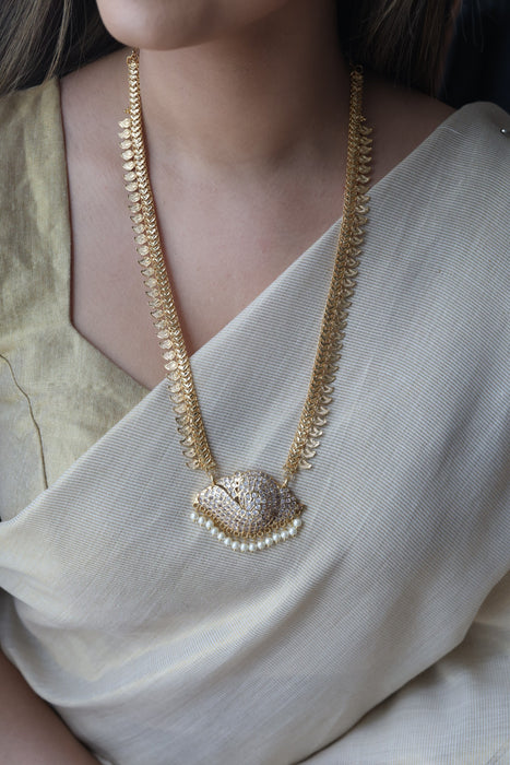 Heritage gold plated white stone mango long padakam necklace HL7011